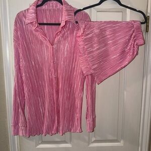 Pink Pleated Blouse and Shorts Set